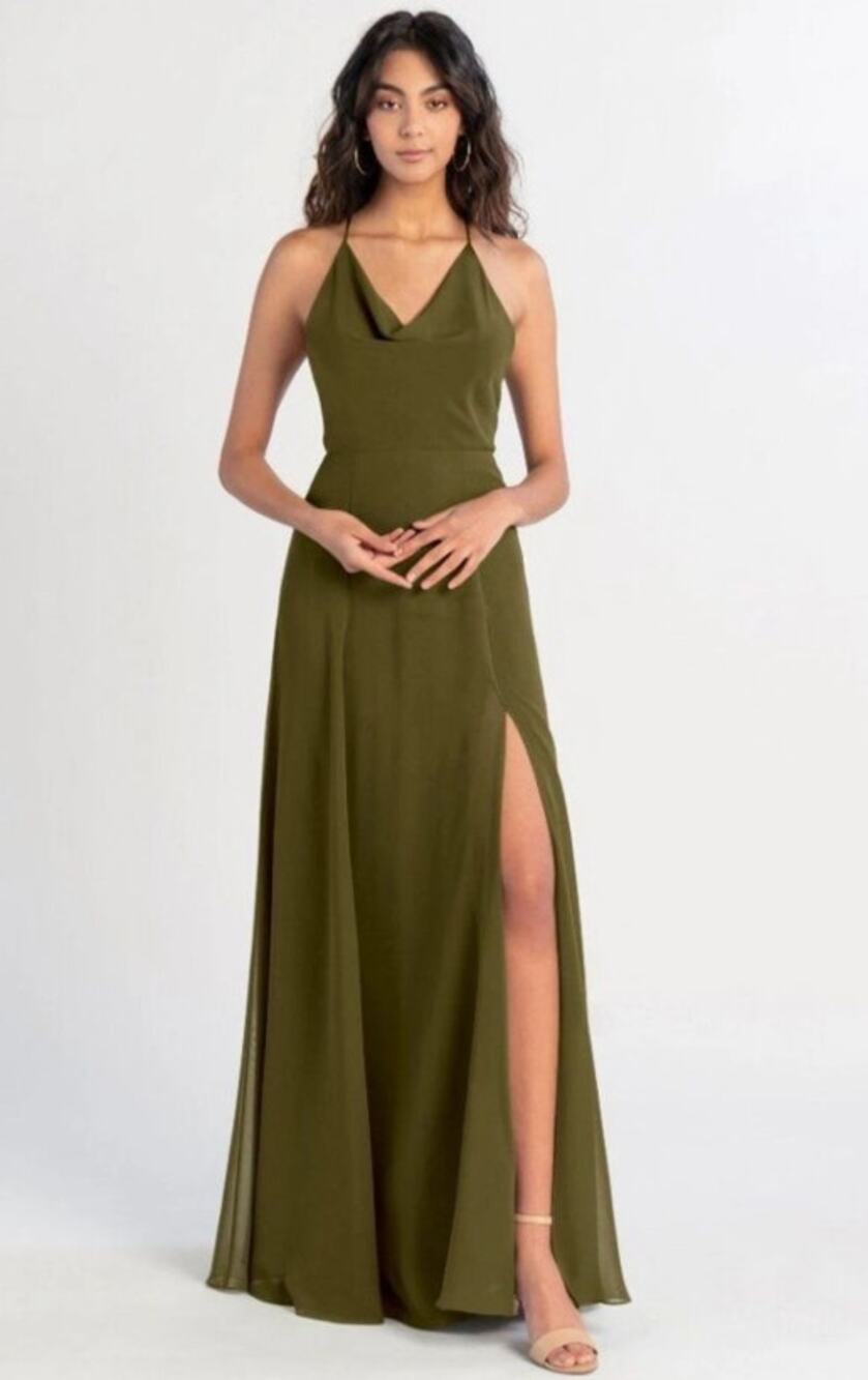 JENNY YOO Lissa Chiffon Draped Gown Olive Green NWT Floor Length Women's 10